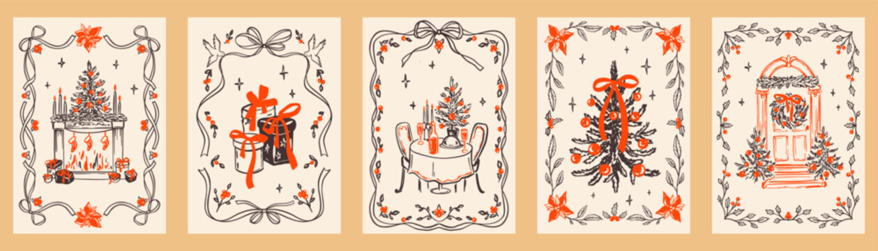 Set of Merry Christmas and Happy New Year greeting cards. Hand drawn doodle whimsical xmas posters, prints, celebration party invitations with Christmas tree, gifts, fireplace, festive family table