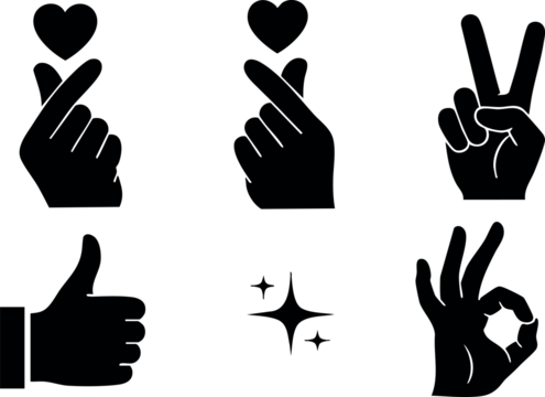 带有爱心、点赞、和平与“OK”手势的手部手势图标矢量插画