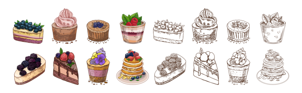 手绘复古甜点套装：含煎饼、芝士蛋糕、纸杯蛋糕和芭菲的彩色及单色版本，孤立矢量插画