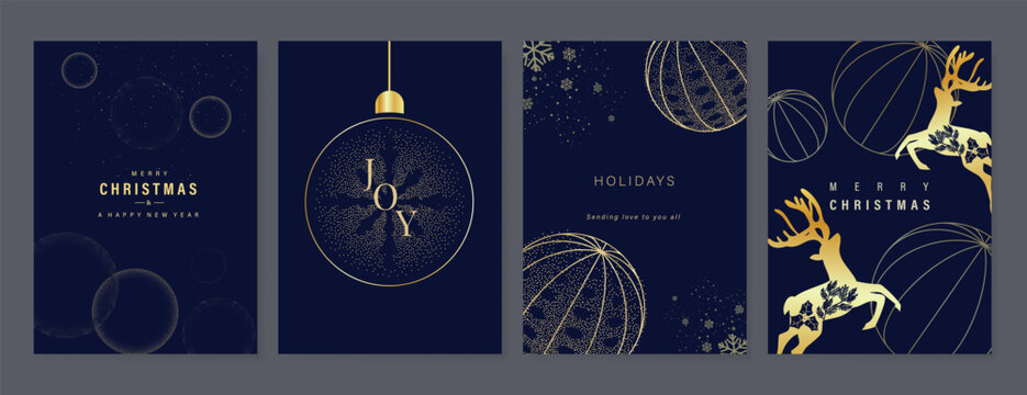 Christmas Luxury gold  invitation card design vector. Christmas pine leaves, snowflake with gold foil and spot texture on navy blue background. Design illustration for cover, print, poster, ads.