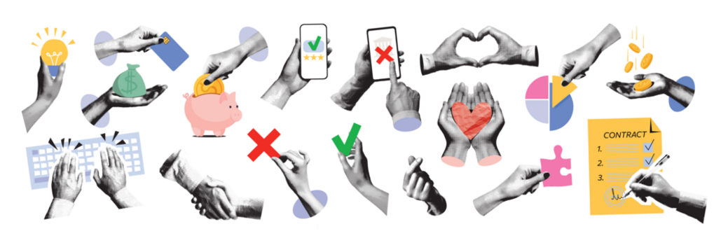 A trendy halftone collage of business elements. Hands typing on a keyboard, signing a contract, shaking hands. Technology, startups, ideas, and teamwork concepts. Modern retro vector illustration.