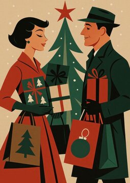 复古假日情侣交换礼物。