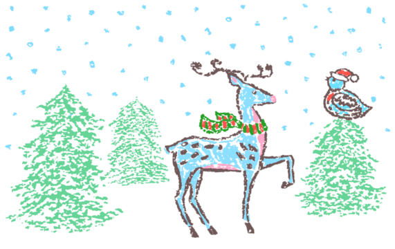 圣诞老人的圣诞驯鹿（戴红绿围巾，伴山雀鸟）：蜡笔风儿童手绘可爱雪地森林童话场景，粉彩粉笔铅笔儿童艺术扁平化卡通涂鸦风格矢量简约驯鹿