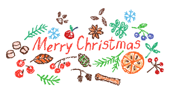 圣诞节日香料：肉桂棒、橙片、红莓、松枝、棉花糖，蜡笔、粉彩粉笔或铅笔儿童手绘涂鸦趣味风格，卡通扁平化艺术简约矢量横幅