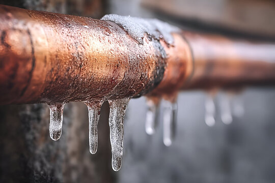 特写镜头下带有冰柱的结冰铜管，展现寒冷天气对管道系统的影响