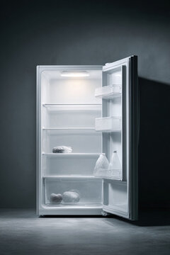 一个开放式的、几乎空无一物的冰箱，有着冷峻简约的美感。从概念上体现了稀缺、节食或需求。可用于与食物、生活方式或健康相关的内容。