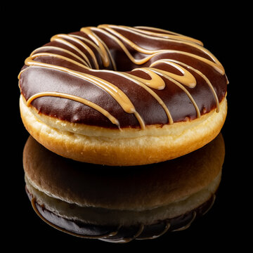 经典巧克力糖霜甜甜圈，淋有花生酱，置于反光黑色背景上