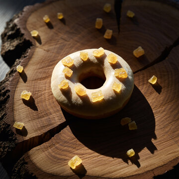 焦糖釉面甜甜圈，白色糖霜淋在劈开的深色质朴木头上