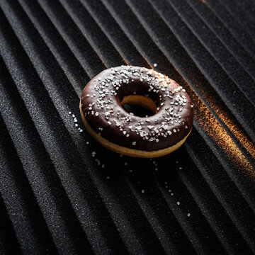 黑色金属烤架纹理上的巧克力淋釉椰子甜甜圈