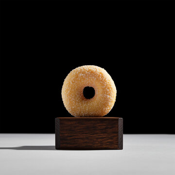 木质托台上撒有芝麻的原味糖霜甜甜圈（背景为黑色）