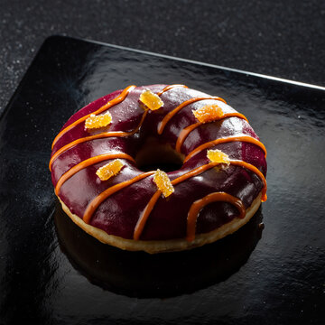 黑色餐盘上的深紫色糖霜甜甜圈配糖渍姜