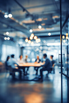 办公室内模糊的商务人士正在进行头脑风暴的会议场景，带有商务头脑风暴背景设计空间
