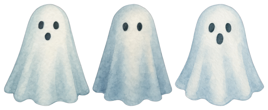 PNG格式可爱水彩幽灵插画——透明背景元素集