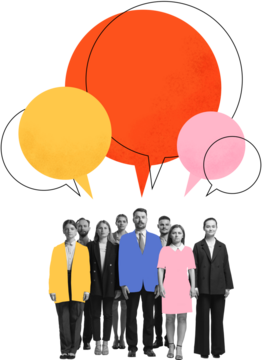 图形构成。一群商务人士站在象征沟通的彩色对话框下，背景为透明。体现团队合作、商务对话与协作的概念。