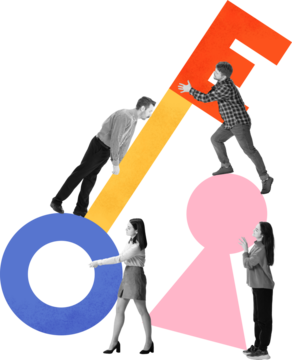 时尚拼贴画。专业团队在透明背景上移动着象征着通道与机遇的彩色钥匙和锁孔形状。体现商业潜力、团队合作与目标达成的概念