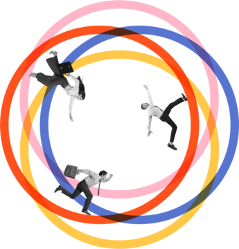 现代拼贴画，画面为身处彩色圆圈中的商务人士，背景透明。体现商业活力、动态、团队合作以及创造性沟通视觉概念。