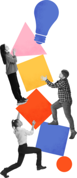 透明背景上带有商业团队建设形状和灯泡元素的时尚设计。体现创新、团队合作、问题解决和创意构思的视觉概念。