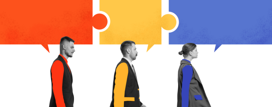 明亮的波普艺术作品，展示了在透明背景上带有拼图式对话框的商务专业人士。体现团队合作、沟通、协作以及商务联系视觉概念。