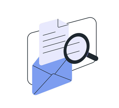 电子邮件阅读与搜索（沟通概念）：放大镜查看研究邮件信息、垃圾邮件检查及通讯研究——白色背景下的扁平化矢量插画