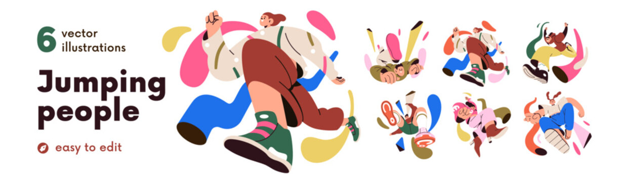 快乐人群跳跃系列：自由的年轻男女带着乐趣与喜悦飞翔，传递能量、自由、热情、新高度、目标与抱负的概念——白色背景下的扁平化矢量插画集