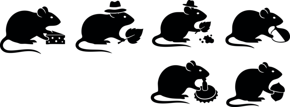 老鼠吃奶酪和食物的各种姿势的黑色简约矢量剪影插画