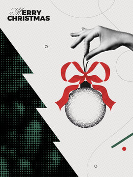 时尚半色调拼贴：手捧带红蝴蝶结的圣诞球，树上的抽象圣诞装饰——新年快乐海报，2026冬季假期主题当代矢量插画艺术