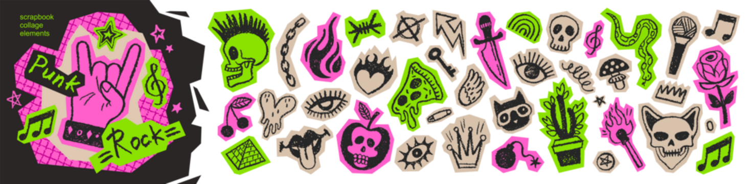 朋克摇滚涂鸦。音乐纹身贴纸。朋克涂鸦拼贴画。火焰心形骷髅玫瑰箭头猫咪。摇滚音乐街头拼贴。剪纸涂鸦剪贴簿图标。Y2K霓虹纸质贴纸背景。潦草涂鸦；