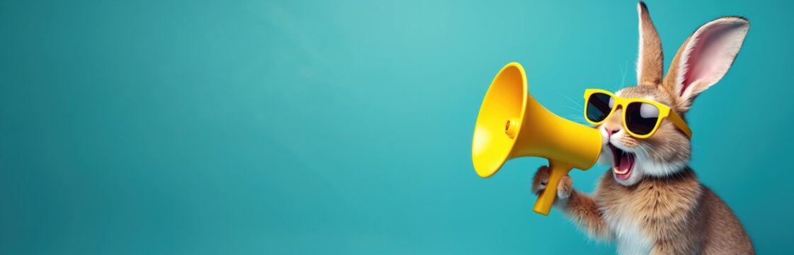 翻译标题：酷炫的兔子戴着黄色太阳镜，拿着亮黄色扩音器。兔子大喊紧急消息，在充满活力的蓝色背景上进行重大宣布。用于促销的有趣动物角色