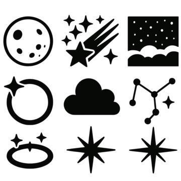 粗野主义《星夜》图标。《星夜》图标剪影图标集：满月、星团、彗星轨迹、发光天空、星座线条、闪耀光环、云朵剪影