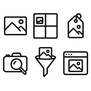 数码摄影图标。图像搜索线性图标集：照片图标、图库网格、标签图标、相机搜索、图像滤镜、预览窗口