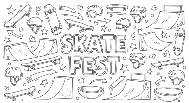 滑板节字样搭配一系列滑板装备涂鸦。为极限运动节概念手绘的滑板、头盔和坡道等元素集合