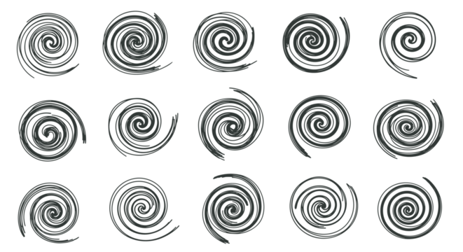 Set of hand drawn spiral shapes in a doodle sketch style. Abstract circular swirl and vortex elements for graphic design. Monochrome hypnotic twirl icons isolated on white
