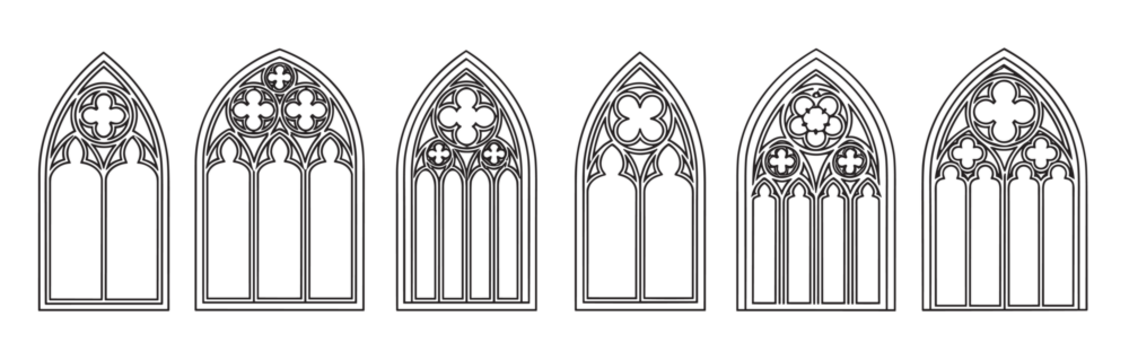 带装饰性花窗格的哥特式拱形窗户组：极简线条艺术风格的中世纪大教堂建筑元素，适用于设计的经典教堂窗户剪影