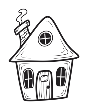 一幅异想天开的卡通房屋图，带有烟囱，采用手绘涂鸦风格。这是一幅黑白画，可用于填色页或儿童创意活动。
