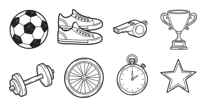 手绘运动健身器材图标合集：含足球、奖杯、哑铃、哨子及秒表的涂鸦风格套装，适用于运动或竞赛主题