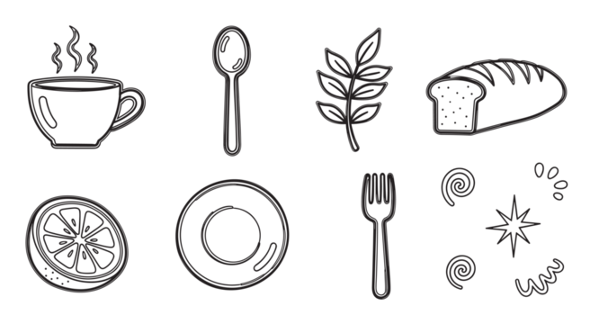 手绘早餐食物和厨房用具图标集。简约线条艺术套装，包含咖啡杯、面包、柠檬、盘子、叉子和勺子，用于咖啡馆菜单设计