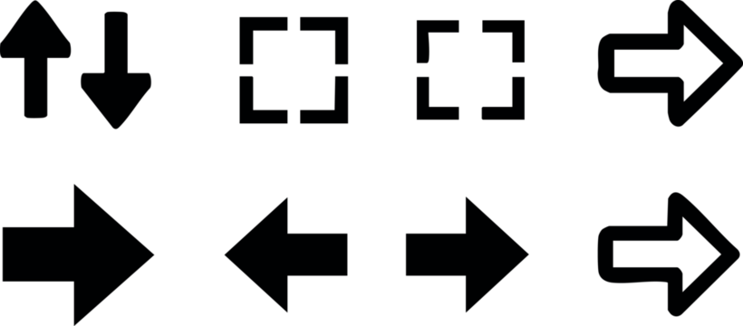 基础黑色箭头图标集合：含多种方向、填充与轮廓样式的矢量插画