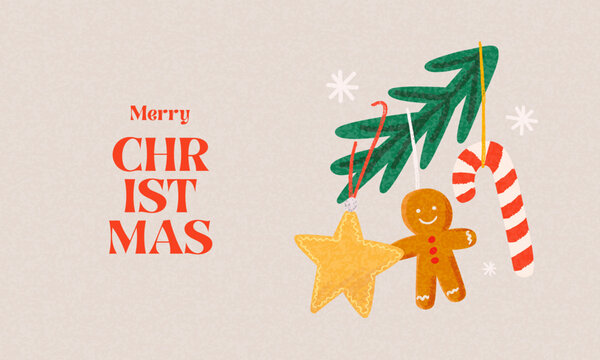 翻译标题：圣诞假期横幅、卡片、海报、封面、背景。现代明亮的圣诞设计，手绘精美的带星星的圣诞树枝、拐杖糖、姜饼人，用于节日问候，可印刷。