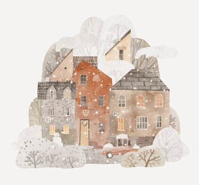 冬日城市。儿童插画。水彩画。可爱的房屋。