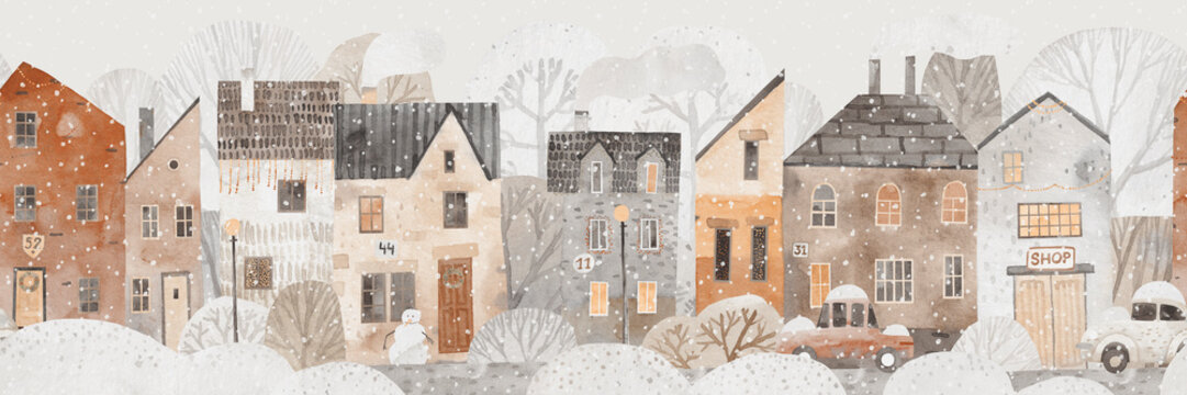 冬季城市。可爱的无缝图案。儿童插画。水彩风格。有可爱的房屋、树木和汽车。