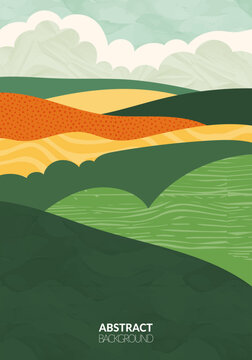 绿色农场农田模板。农业设计矢量布局。抽象生态海报。垂直生态背景。生态乡村、山丘形状、装饰性有机农田、自然艺术传单
