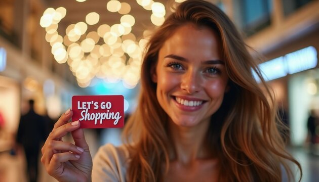 Smiling young Caucasian woman with long brown hair holding a shopping card in a brightly lit shopping mall.