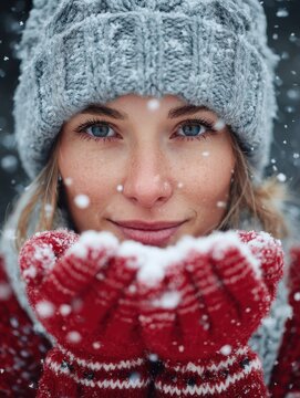 冬季节日、圣诞节与人物概念：户外手持雪的女性特写（无logo无品牌，宽高比3:4）