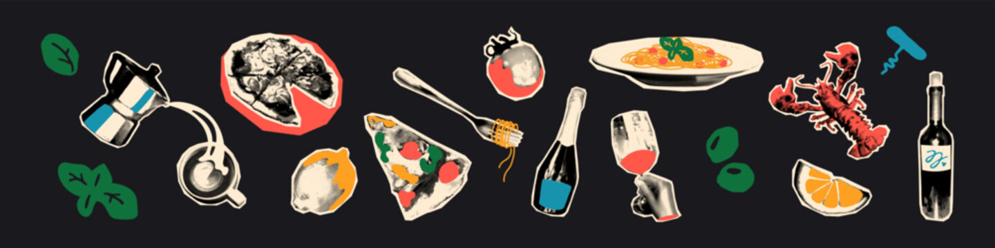 时尚半色调艺术拼贴元素集：意大利美食各类剪纸、披萨、意面与葡萄酒贴纸（含复古圆点纹理及涂鸦）——现代复古做旧混合媒介矢量插画