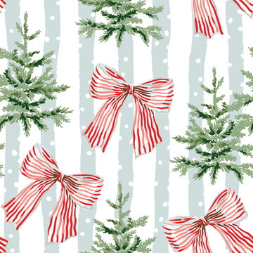 Christmas seamless pattern, fir trees, bows, snow, striped background. Vector illustration. Nature design. Season greeting. Winter holidays