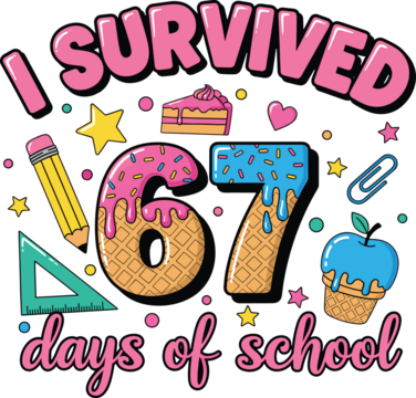 我熬过了67天的学校生活——可爱多彩的学校里程碑插画，有糖果和文具