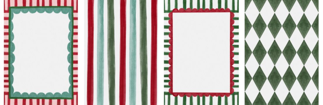 节日圣诞相框模板集，水彩条纹、扇形边框以及红绿相间的丑角菱形背景。用于节日请柬、贺卡、海报及印刷品。