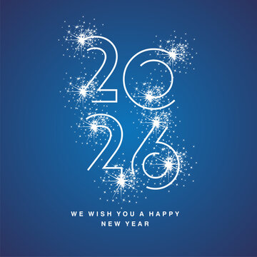2026新年现代白色线条设计霓虹灯光效字体排版（含闪耀烟花）：蓝色背景上呈2026标志logo图标形状的火花棒