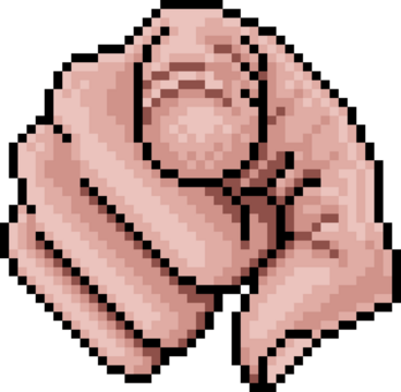 Pointing hand 8 bit pixel art video arcade game style cartoon illustration