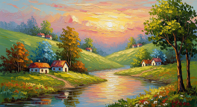 日落时分宁静村庄的3D浮雕壁纸抽象油画。3D壁画。奢华纺织瓷砖墙面艺术